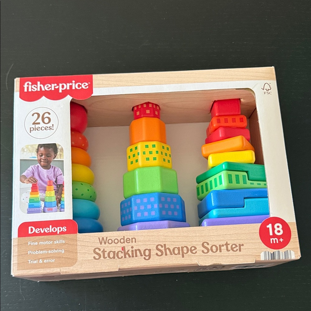 Fisher-Price Colorful Wooden Stacking Shape Sorter New in Box